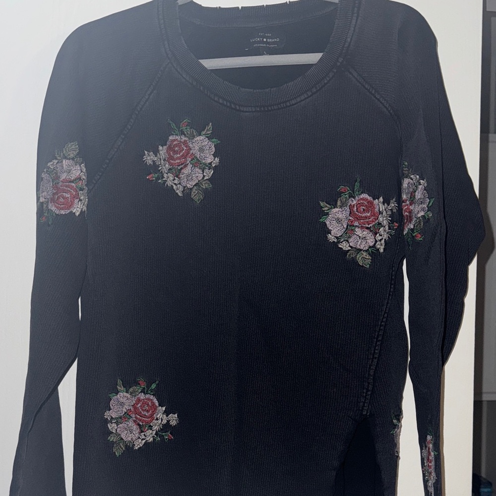 Lucky Brand Black Top with Floral Embroidery